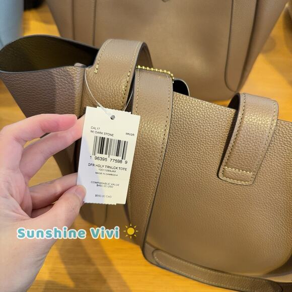 NWT COACH Hadley Turnlock Tote Bag Leather CAL17 Gold/Dark Stone - Picture 3 of 8